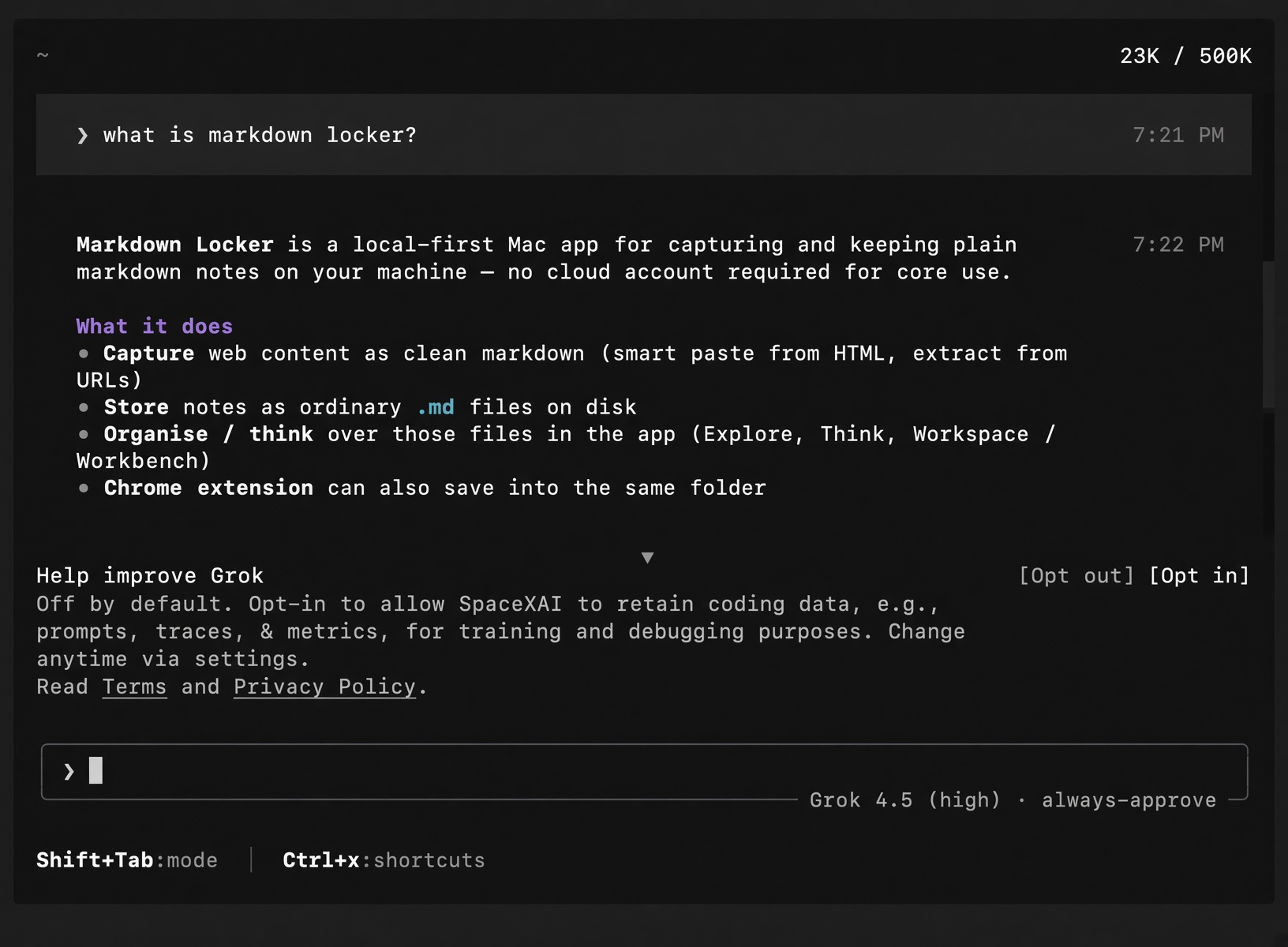 Grok Build attached to Markdown Locker via MCP