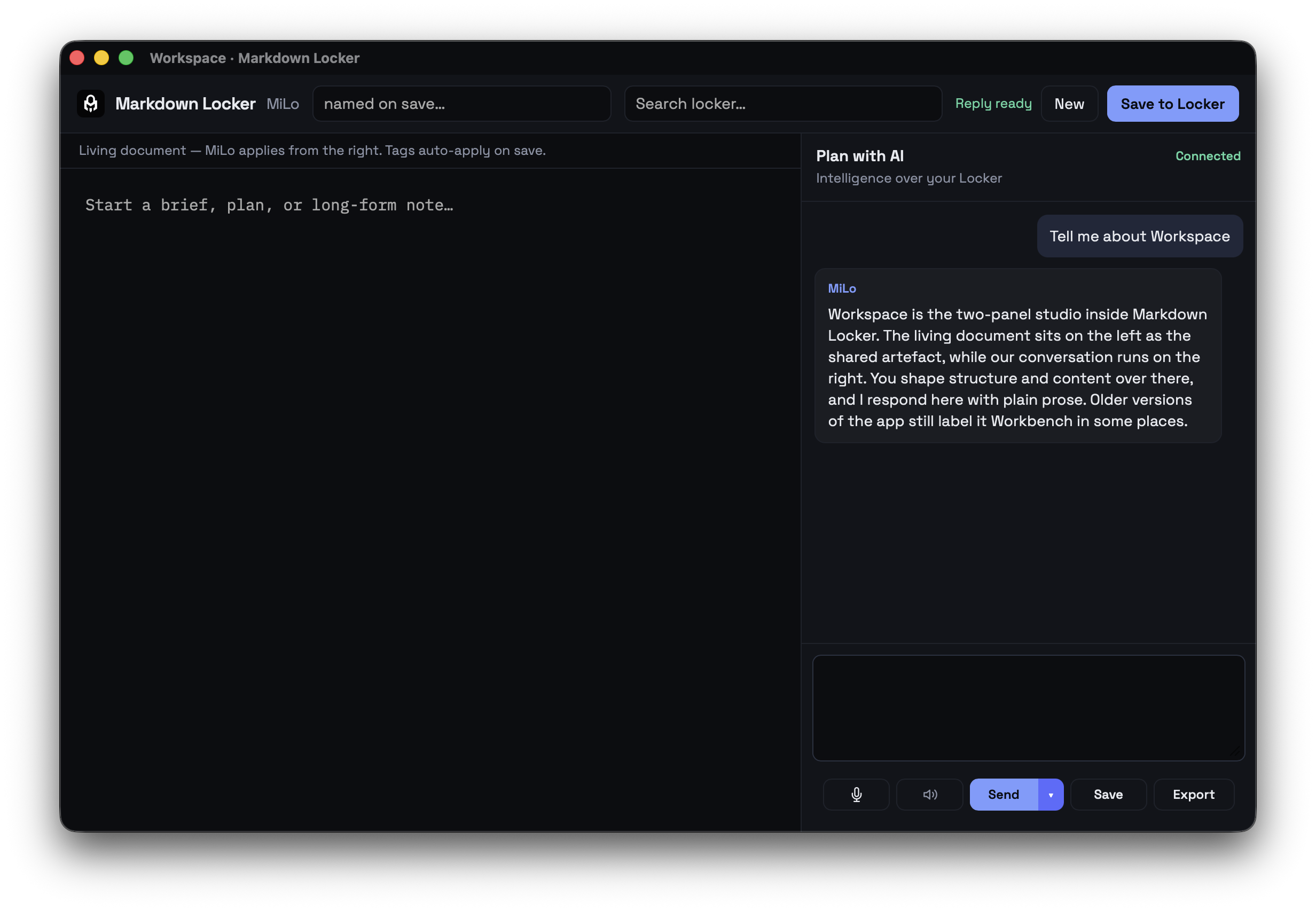 Workspace — living document and MiLo side by side